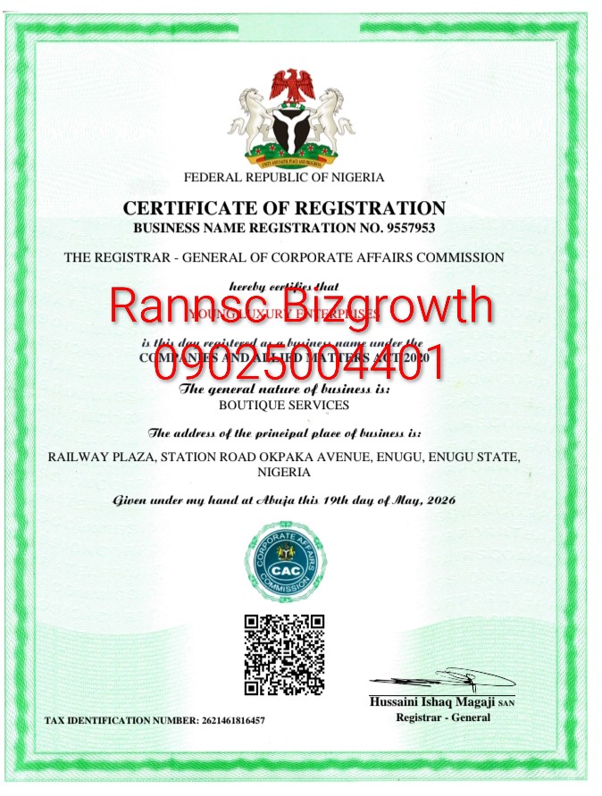 Business Name Certificate sample issued by Corporate Affairs Commission Nigeria