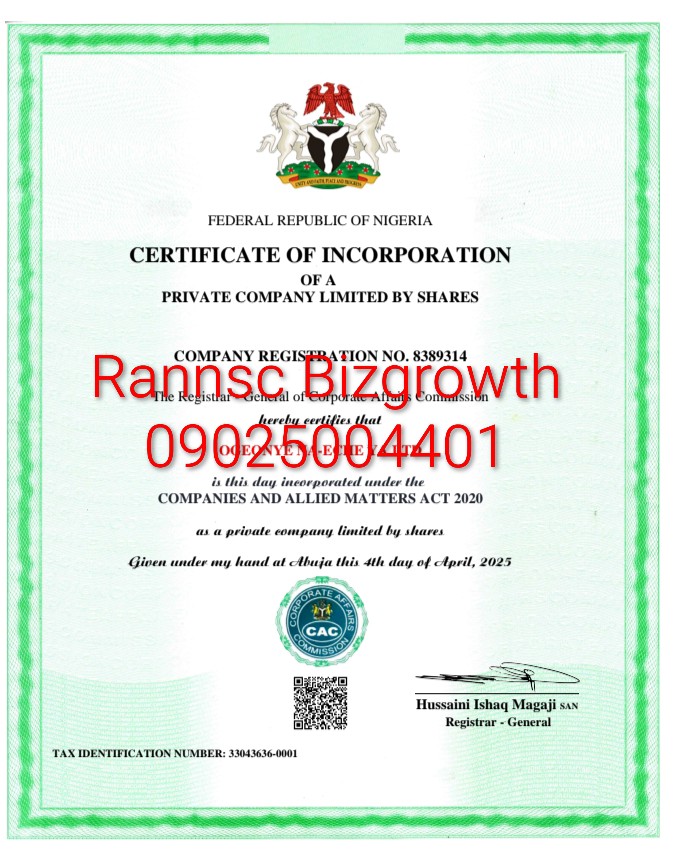 Company Incorporation sample issued by Corporate Affairs Commission Nigeria