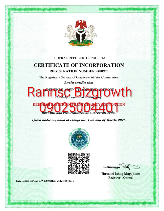 NGO / Foundation Certificate sample issued by Corporate Affairs Commission Nigeria