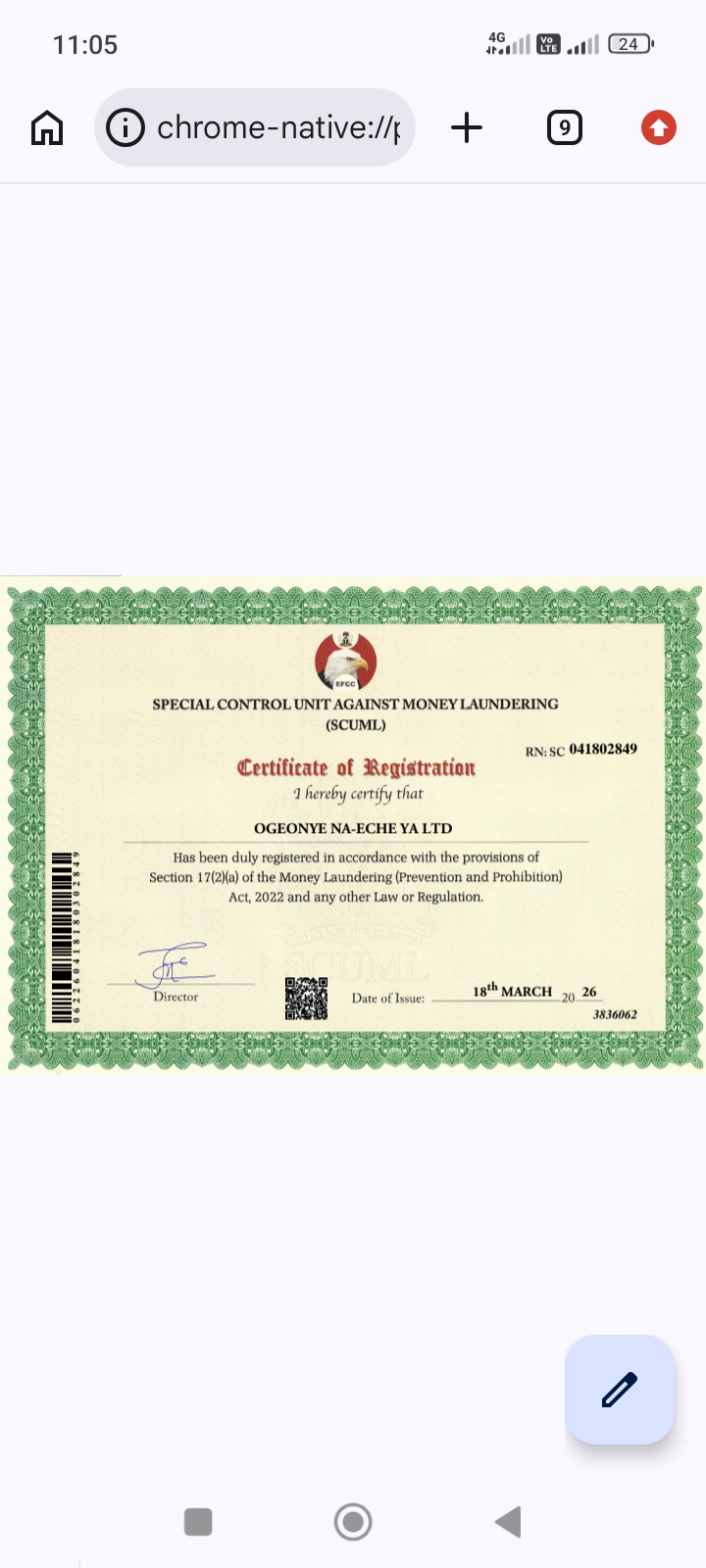SCUML Certificate sample issued by Corporate Affairs Commission Nigeria